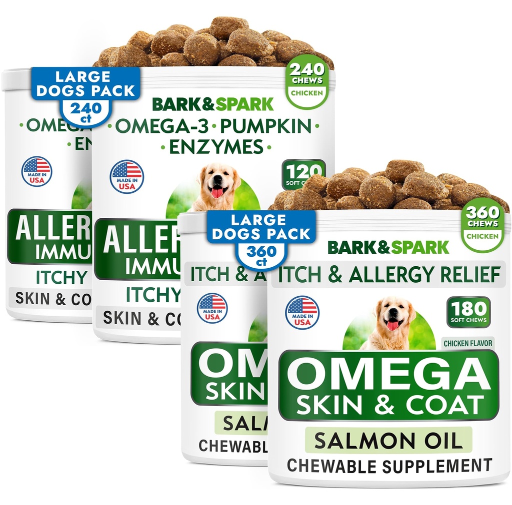 BARK&SPARK Allergy Relief + Omega 3 Bundle - Anti-Itch Skin & Coat + Skin Allergy - Omega 3 Fish Oil + EPA&DHA Fatty Acid - Itching&Paw Licking + Joint Health - 240 Chews + 360 Chews - Made in USA