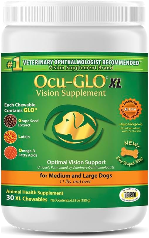 Ocu- GLO Cat i Gos per a la implementació d' ulls - Visió Chewable suplementari per a grans i Petits Pets amb Lutin, Omega- 3 Fatty Acids, Grape See extrate i antioxidants 30 XL Chewables