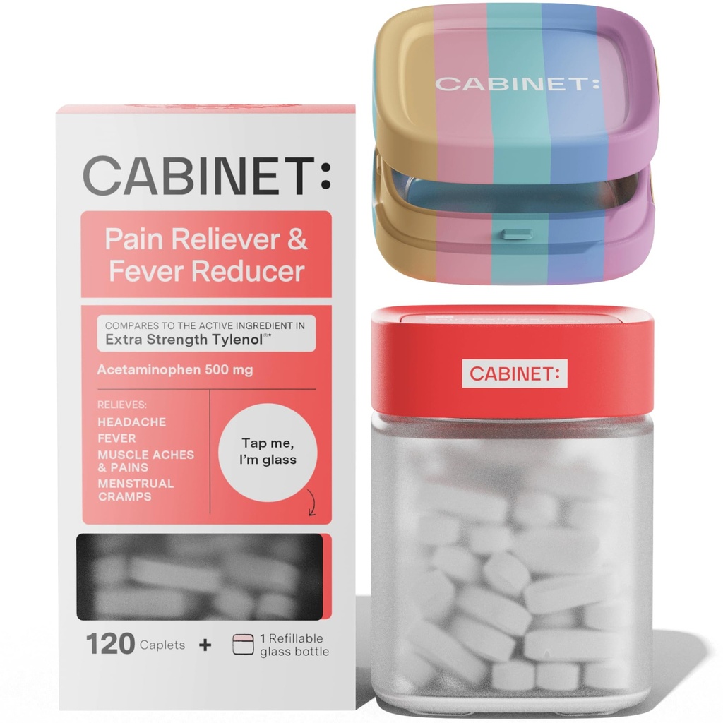 Cabinet: 500mg Acetaminophen for Headache Relief, Toothaches, Sore Throat, and Fever Reducer, Includes 1 Refillable Medicine Jar, 120 Tablets Refillable Glass Jar - w/Travel Tin