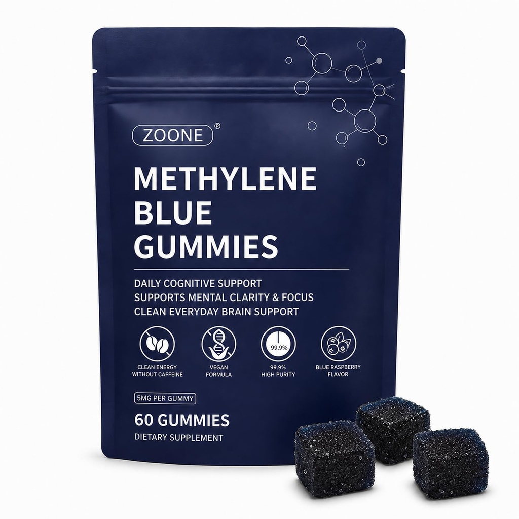 Methylene Blue Gummies 5mg for Cognitive Support, 60 Gummies | Blue Raspberry Flavor Gummies To Support Mental Clarity with NAC, PQQ, Vitamin B2 & B3, Vegan, Caffeine-Free