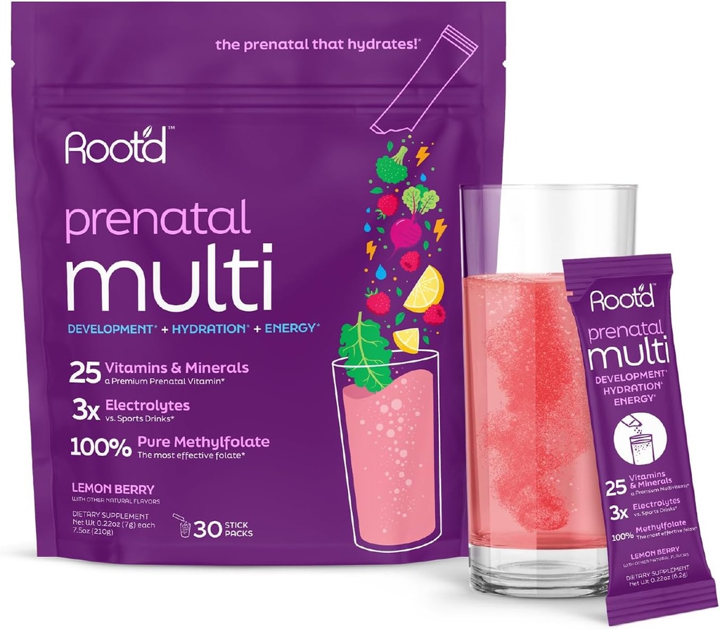 Root'd Prenatal multivitamínico po - 25 vitaminas e minerais con 3x electrólitos, Folate, ferro, D3 para nai e bebé, 7 Superalimentos e Probióticos, Vitaminas sen azucre e hidratos | 30 Vitamin Drink Packets