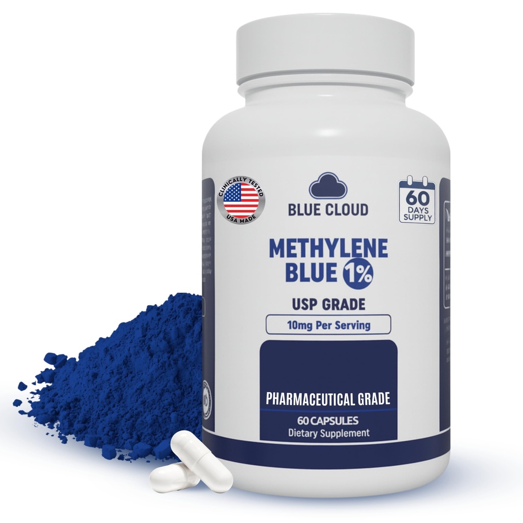 BLUE CLOUD Methylene Blue Capsules – USP Pharmaceutical Grade, 60 Capsules, 99.9% Purity, Third-Party Tested, Formaldehyde-Free, High-Purity Cognitive Support Supplement