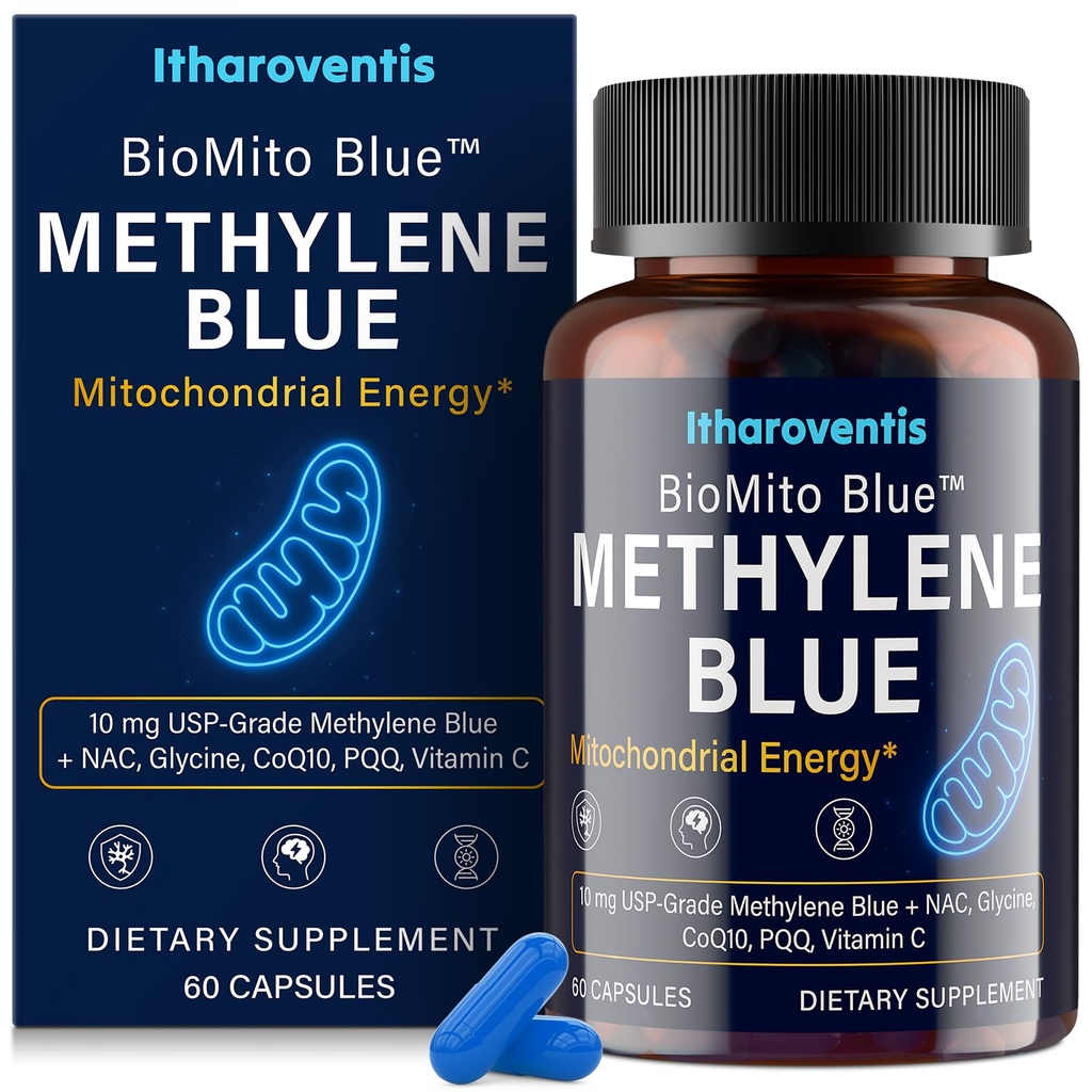 Itharoventis Methylene Blue Pharmaceutical Grade Capsules – USP Grade Supplement with CoQ10, NAC, PQQ, Glycine & Vitamin C, Capsule Format, No Formaldehyde – 60 Count