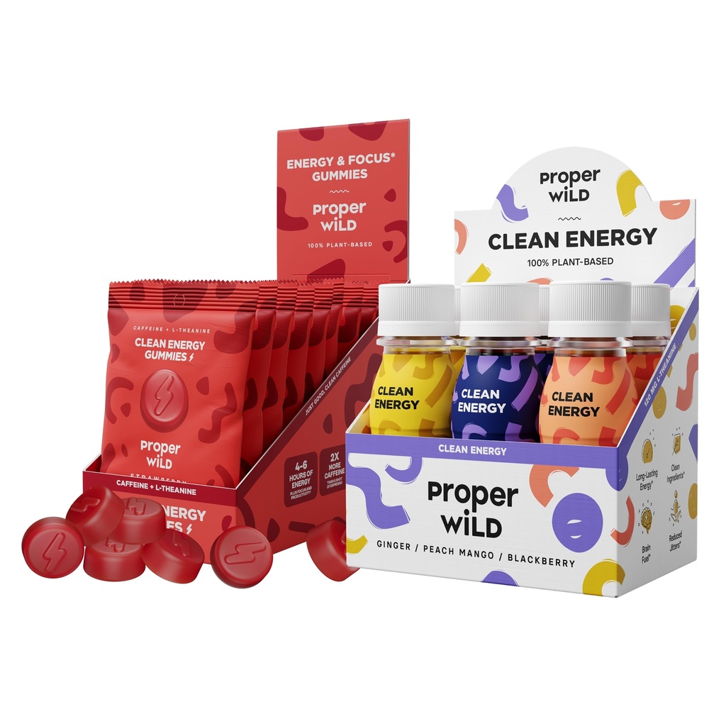 Proper Wild Clean Energy Bundle – Originals Variety Energy Shots (6-Pack) + Strawberry Energy Gummies (10-Pack) – Organic Caffeine + L-Theanine, Plant-Based