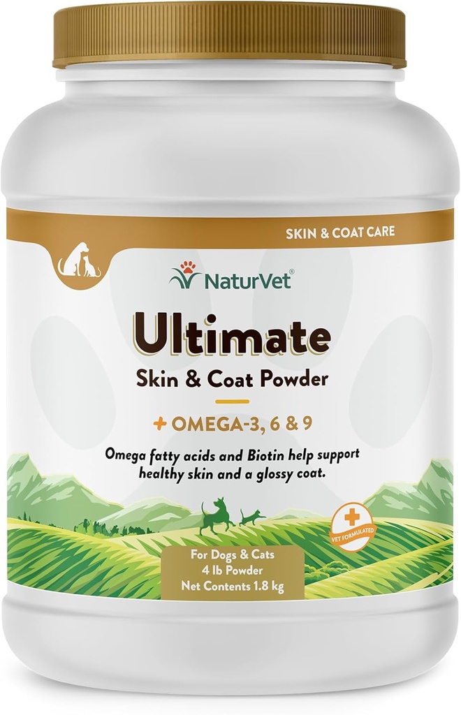 NaturVet Ultimate Skin & Coat Powder Lemmikkilisä koirille & Kissat . Sisältää Omegas 3, 6, 9, Biotiini, Vitamiinit ... Terveille koirantakit, Kissan iho ... Maukas ruoka Topper lemmikeille 4 lbs.