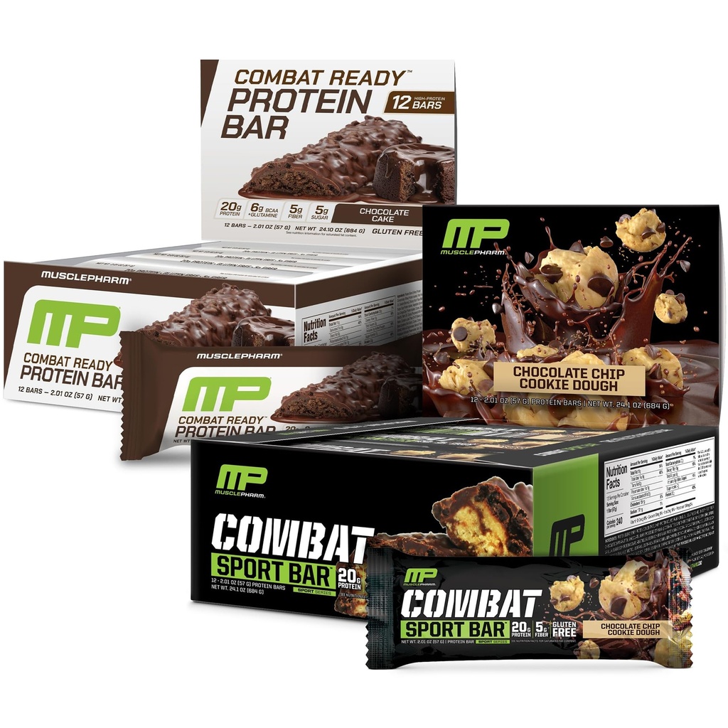 MusclePharm Combat Sport Bar Bundle - Chocolate Chip Cookie Dough & Chocolate Cake Flavors, High Protein, Fuel Performance, Combat Cravings, 20g Protein, 5g Fiber, 12 Bars