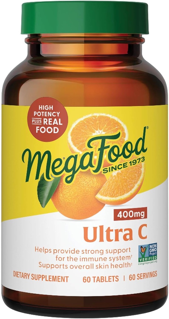 MegaFood Ultra C 400 mg - Wegański suplement wsparcia immunologicznego z witaminą C, Made with Real Food Włączając brokuły, marchewki, żurawiny i brązowy ryż, Gluten- Free, Kosher - 60 Tablets, 60 Servings