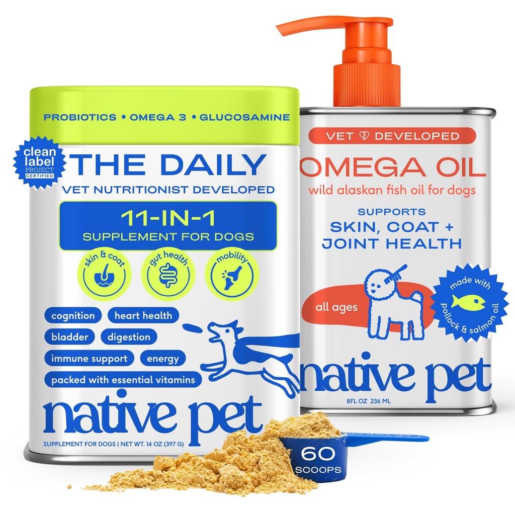 Native Pet Daily Wellness Bundle - Dog Vitamins and Supplements & Omega 3 Fish Oil Wild Alaskan Salmon Fish Oil for Dogs - 11-in-1 Multivitamin Powder Supports Joints, Gut, Skin, Coat & Heart Health