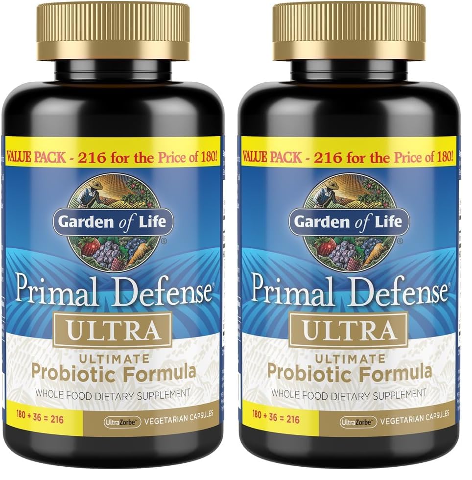 Garden of Life Probiotics for Digestive Health and Gut Health Balance,Primal Defense Ultra Ultimate Formula,15 Billion CFU and 13 Strains Plus HSOs,Vegetarian-and Gluten Free,216 Capsules,(Pack of 2)