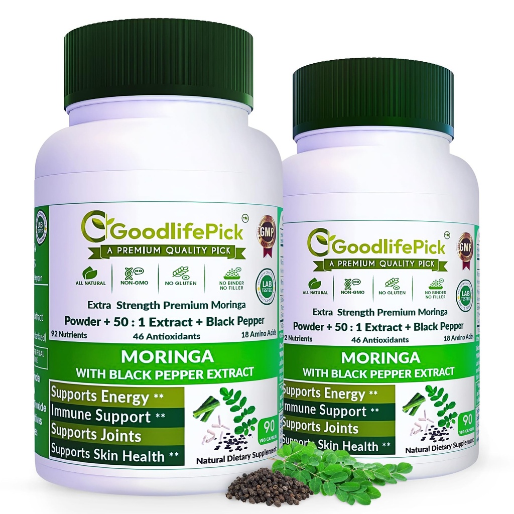 Premium Moringa Capsules. with Black Pepper from Handpicked Leaves with 50:1 Extract & Moringa Powder for Overall Wellness 90ct AllNatural NonGMO Lab-Tested No Rice Powder No Filler Vegan (Pack of 2)