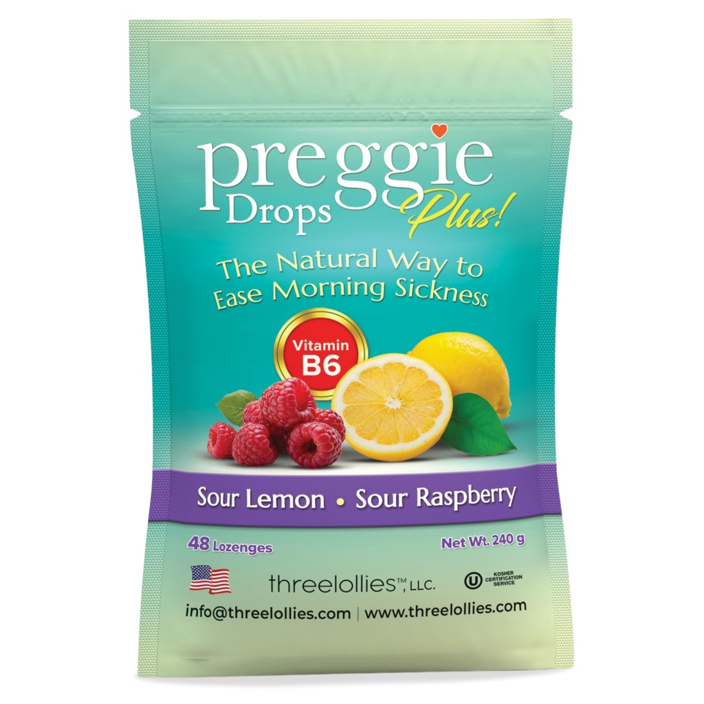 Three Lollies Preggie Drops Plus - 48 Lozenges - Ease Morning Sickness During Pregnancy, Natural, Sour Lozenges for Nausea With Vitamin B6, Sour Lemon & Raspberry Flavors