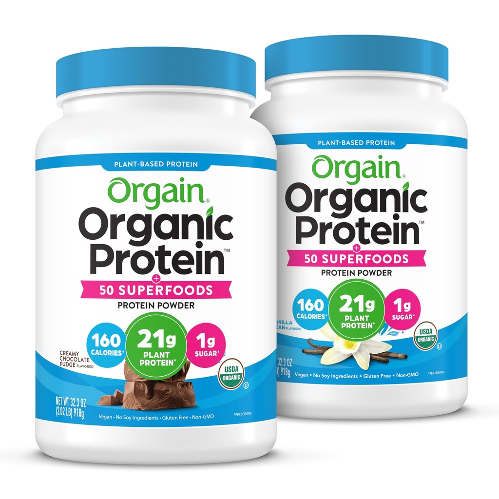 Orgain Organic Vegan Protein + 50 Superfoods Powder Bundle - Creamy Chocolate Fudge & Vanilla Bean, 21g Plant Based Protein, 2.02 lb Each