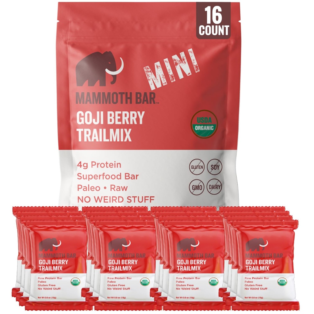 Mammoth Bar Goji Berry Trail Mix Mini Bar - Mini Organic Snack Bar Packed with 4g Protein. Made with Goji Berries, Almonds, Pistachios, Sunflower Seeds & Egg White Protein. Paleo • Gluten Free • Raw - 16 Mini Bars