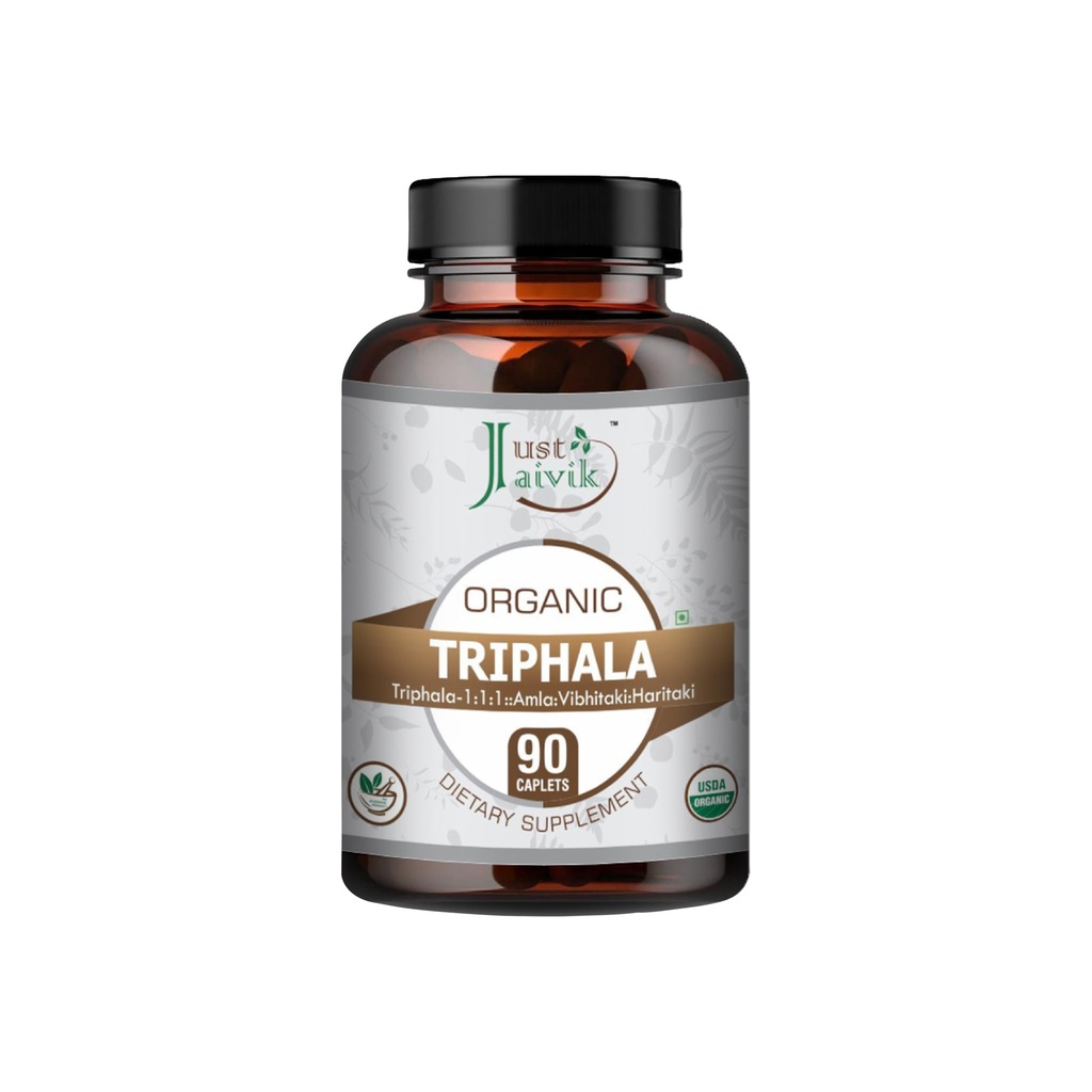 Just Jaivik Organic Triphala (Amla + Bibhitaki + Haritaki) Tablets - A Dietary Supplements - 750 mg (Pack 90 Organic Tablets) | Balancing Formula for Detoxification & Rejuvenation