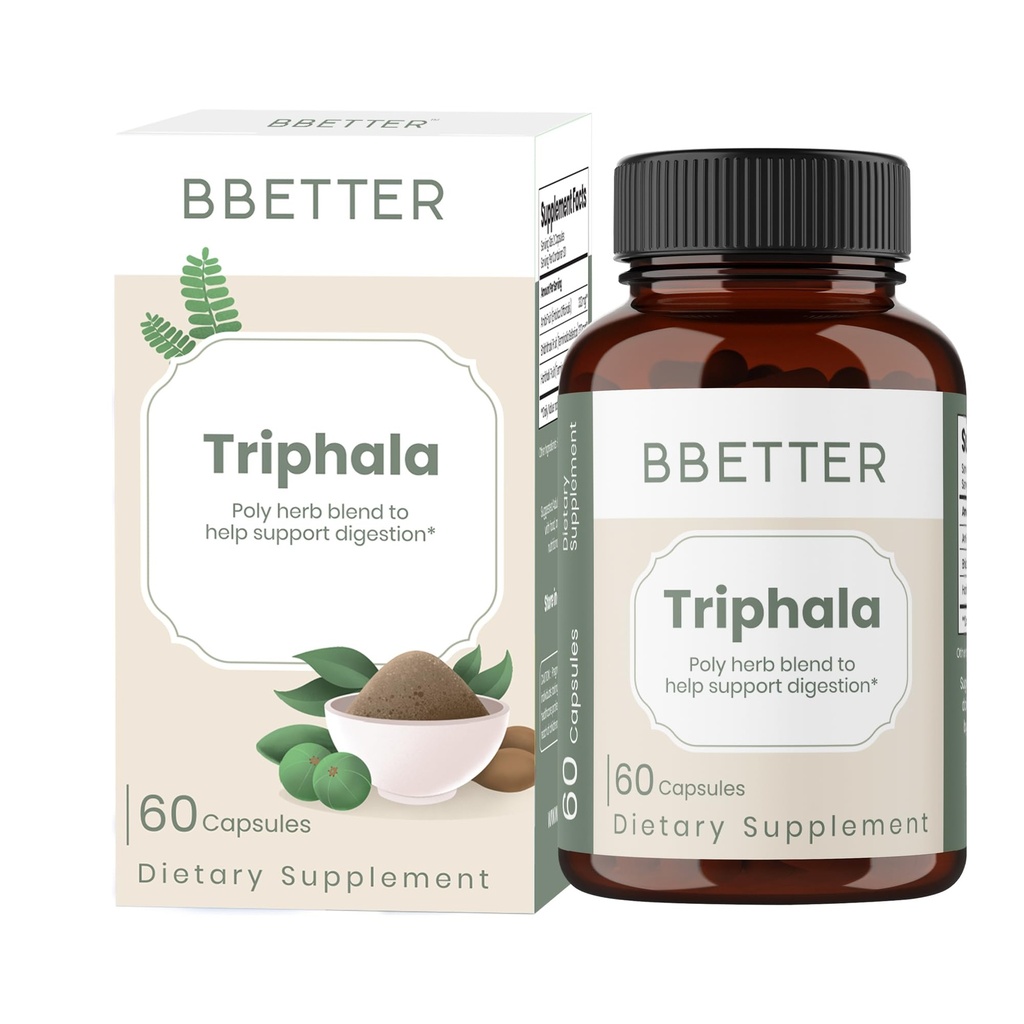 BBETTER Triphala – Ayurvedic Herbal Supplement with Amla, Haritaki & Bibhitaki for Occasional Constipation & Bloating – Supports Digestion, Healthy Bowel Function, Colon Cleanse & Detox - 60 Capsules