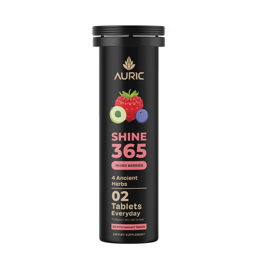 Auric Shine 365 Effervescent 20 Tablets for Skin, Hair & Nails | Biotin, Amla, Pomegranate & Grape Seed Extract | Mixed Berries Flavor