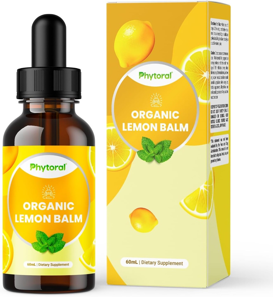 Phytoral Organic Lemon Balm Leaf Liquid Extract for Immun Support - Lemon Balm Tinktur for Mood & Relaxation Support - Økologisk Tinktur Leaf Drops for voksne og barn Diett Supplement - 60 ml