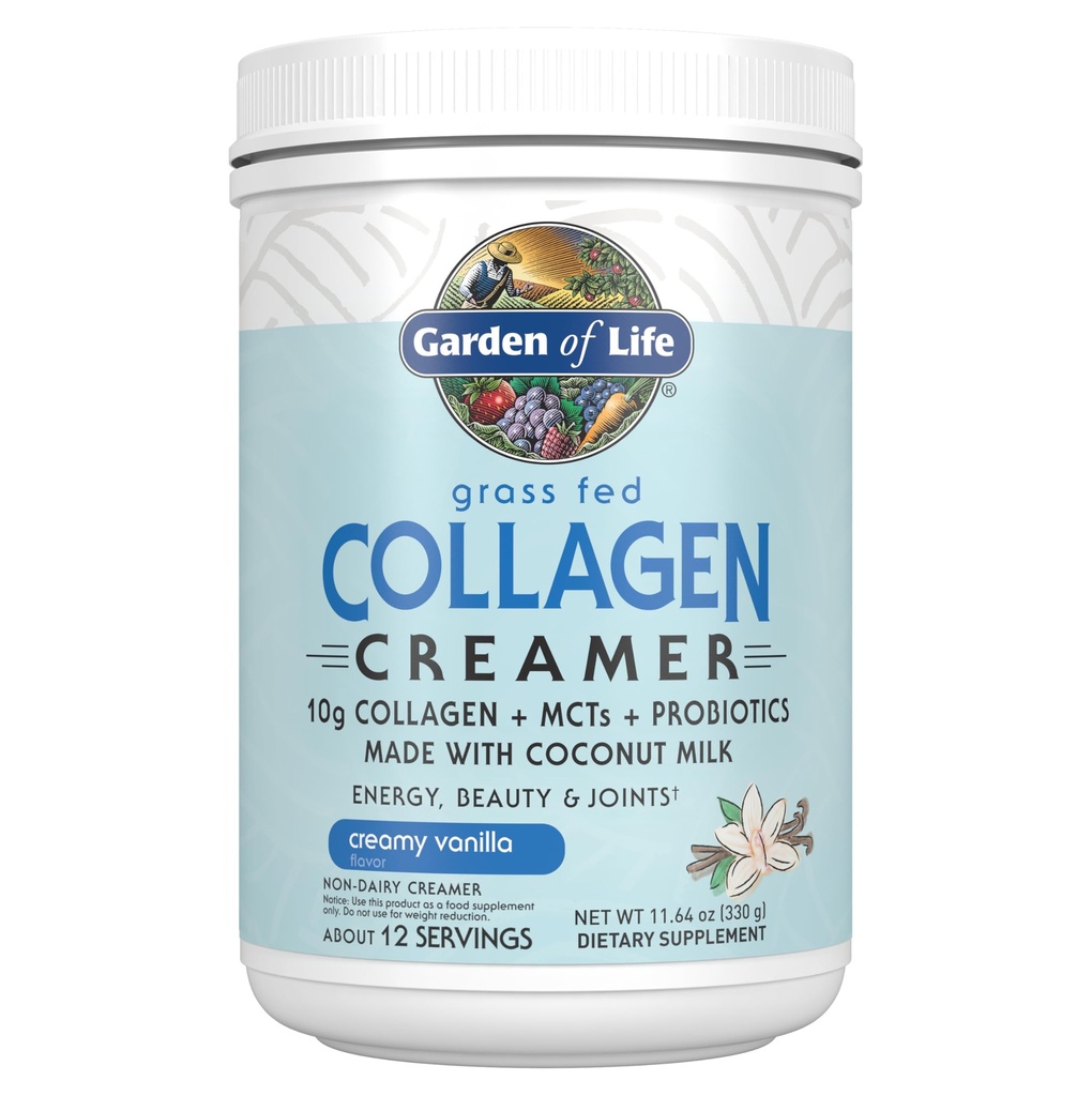 Garden of Life Grass Fed Collagen Creamer Powder - Creamy Vanilla, 12 Servings, Powder for Coffee Energy Beauty Joints, Collagen Peptides with Coconut MCTs, Keto Protein Supplements