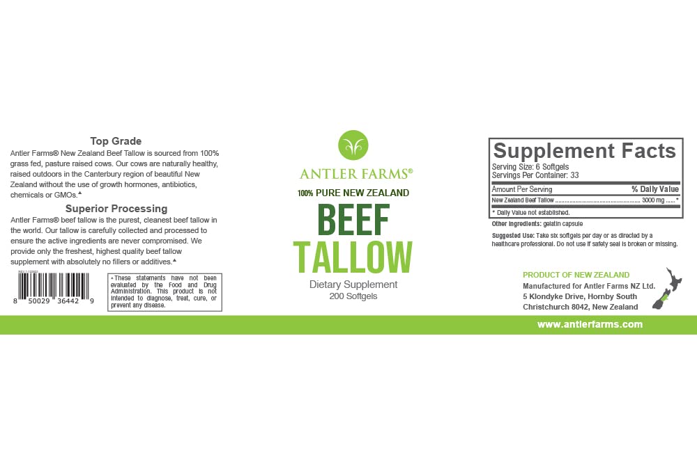 Antler Farms ... 100% Pure Uusi-Seelanti Beef Tallow - Ruoho Fed, Pasture Raised, Top Grade, Puhdistettu ja suodatettu, Natural Beef Tallow - 200 Softgels, 500mg