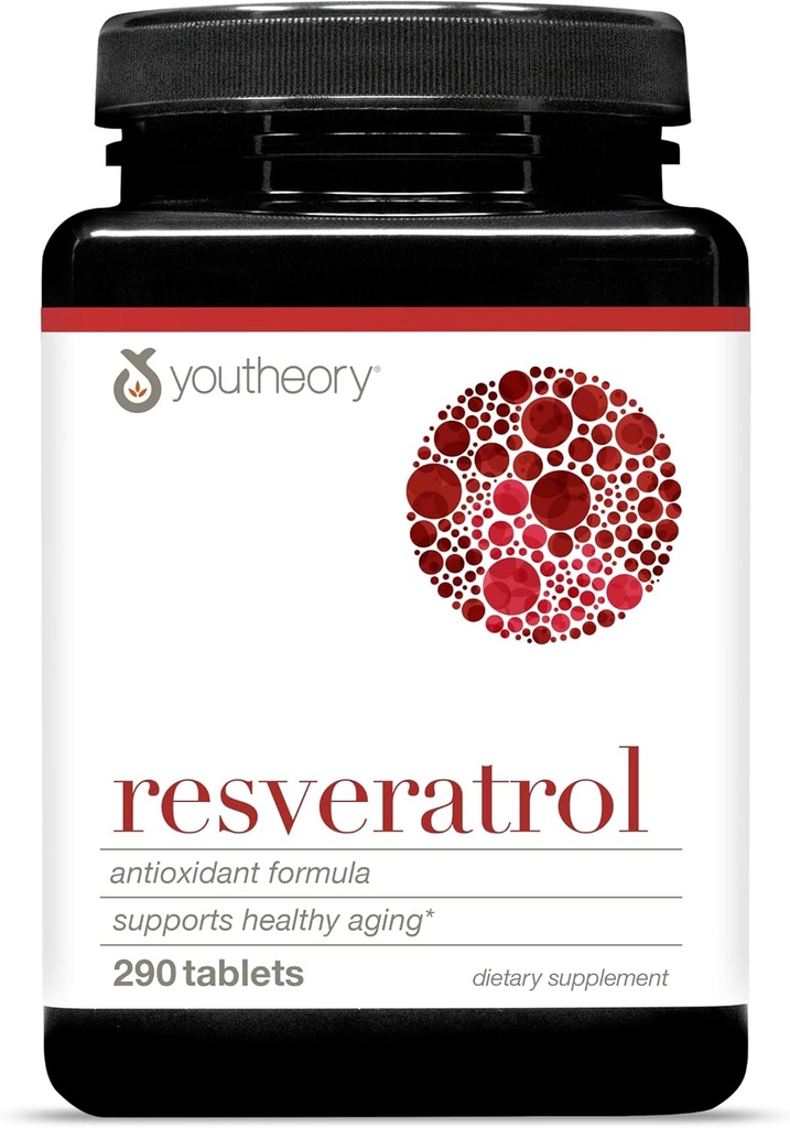 Youtheory Resveratrol Поглиблена Антиоксидантна формула - Premium Антиоксидантна добавка з Super-Fruit Blend - Містить ResVida - Dairy, Soy & Gluten Free - 290 Таблетки