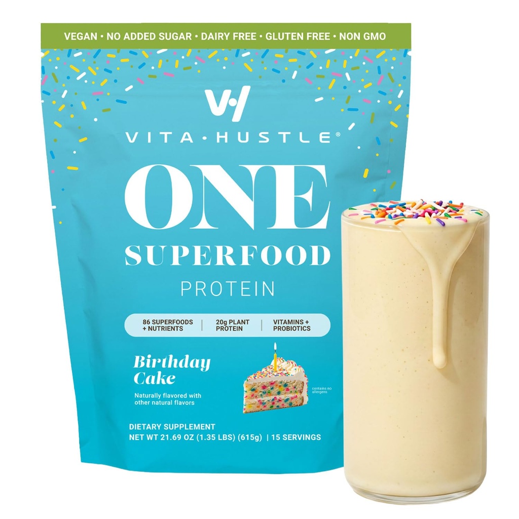 VitaHustle ONE Vegan Birthday Cake Protein Powder - 20g Plant Protein Meal Replacement with 86+ Superfoods & Greens, Probiotics + No Bloat Digestive Blend - Dairy Free, Gluten Free (15 Servings)