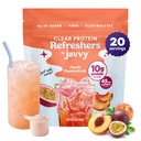 Javvy Clear Protein Refresher Drink Mix – 10g of Whey Protein and Collagen Peptides, Electrolytes Powder, Natural Flavors, 0g of Sugar, 45mg Caffeine, 20 Servings, Peach Passion