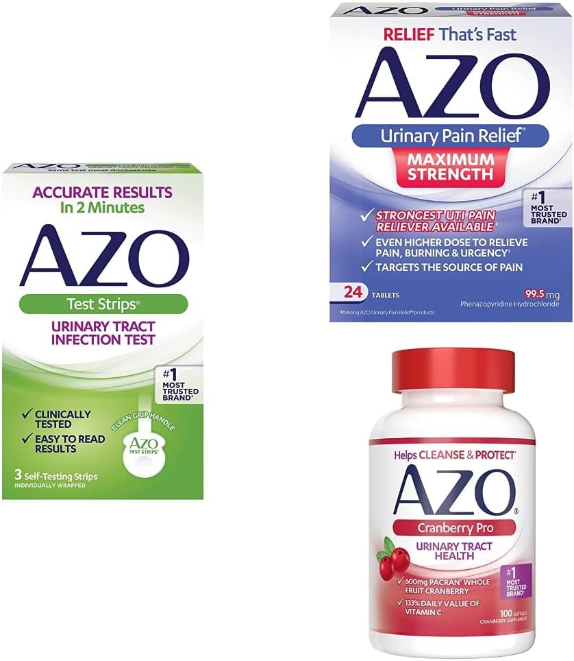 AZO UTI Relief Bundle – AZO UTI Test Strips 3ct, AZO Urinary Painary Relief Max Strength 24ct, AZO Cranberry Pro supplement 100ct
