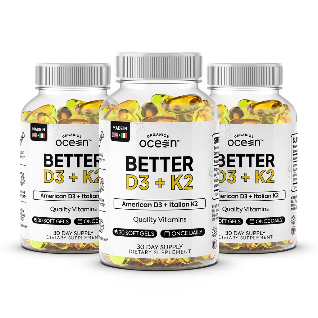 Organics Ocean Better D3 + K2-100% Organic VIT D3 and K2 Supplements with Maximum Bioavailability - Supports Bone Density, Calcium Balance, Immunity & Mood - 3-Pack, 90-Day Supply