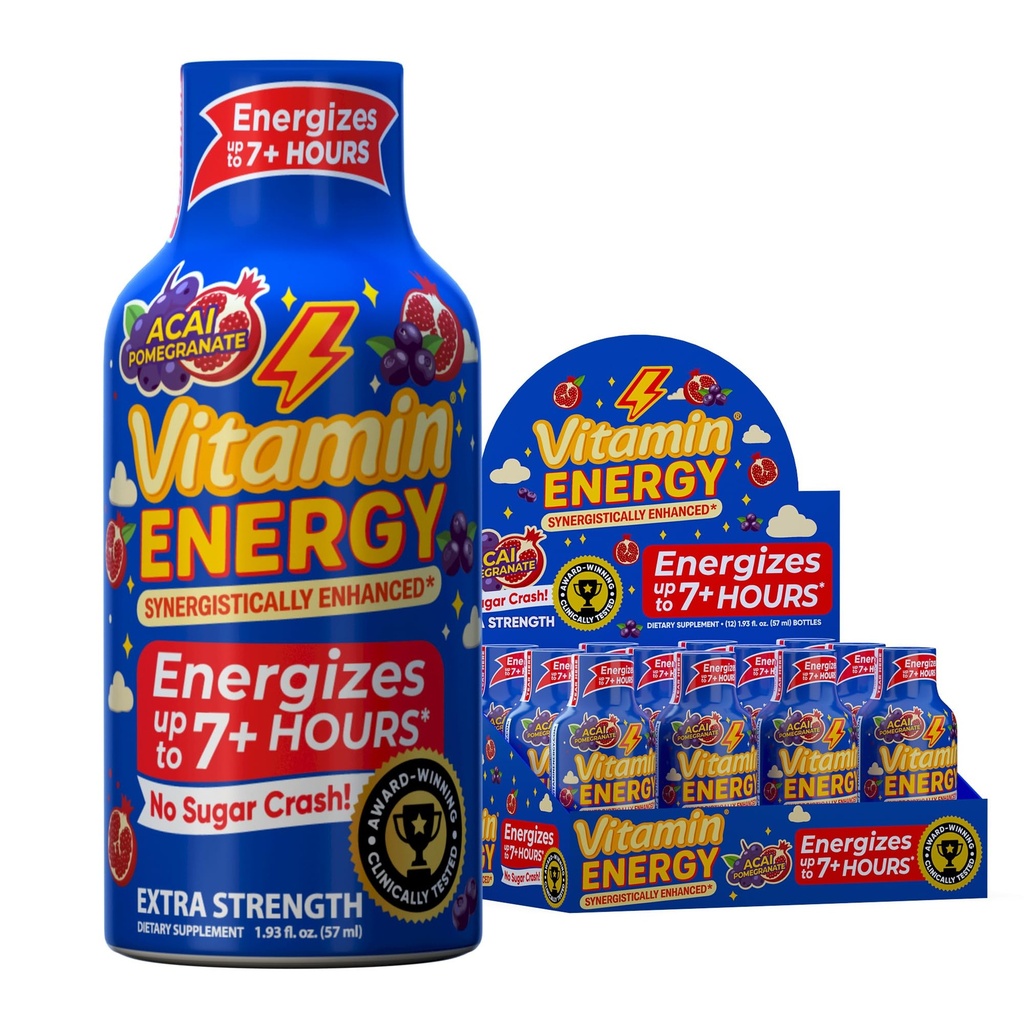 Vitamin Energy Burner+ Extra Strength Energy Shot Acai Pomegranate 12 Pack, 260mg Natural Caffeine, 25mg Ketones, Green Tea, EGCG, Metabolism, Endurance, Zero Sugar, Gluten-Free, Vegan, 1.93 fl oz