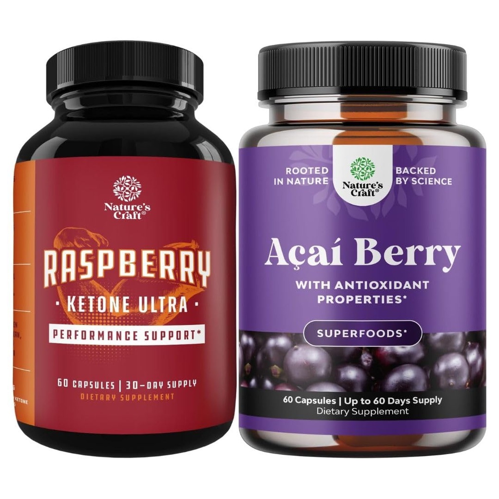 Bundle of Raspberry Ketones, Green Tea Extract and African Mango blend and Acai Berry Antioxidant Support Weight Loss Supplement - Suppress Appetite & Burn Fat - Supports Immune System & Boost Energy
