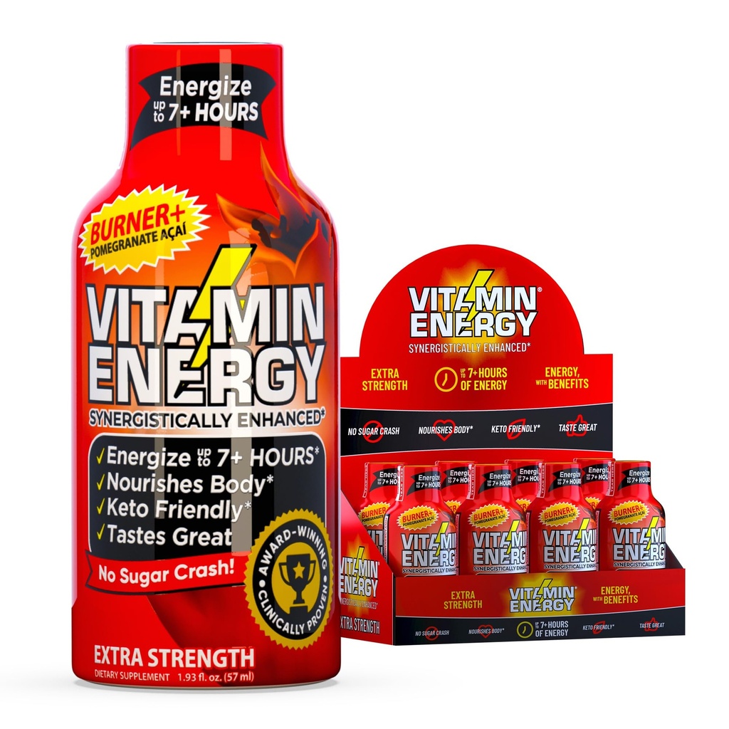Vitamin Energy Burner+ Extra Strength Energy Shot Acai Pomegranate 8 Pack, 260mg Natural Caffeine, 25mg Ketones, Green Tea, EGCG, Metabolism, Endurance, Zero Sugar, Gluten-Free, Vegan, 1.93 fl oz