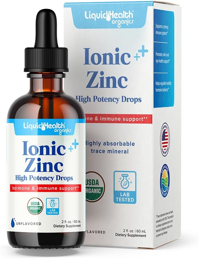 LIQUIDHEALTH USDA Organic Ionic Cink High Potency Drops - Trace Mineral Liquid vitamin kiegészítés felnőttek és gyerekek számára - Immune & Digestive Support, Skin & Wound Health - USA Made, Vegan, Non-GMO (2 oz)