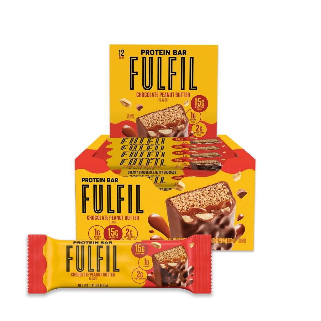 FULFIL Protein Snack Bars, Chocolate Peanut Butter Flavored, Gluten Free with 15g Protein, Pantry Staples, 12 Count
