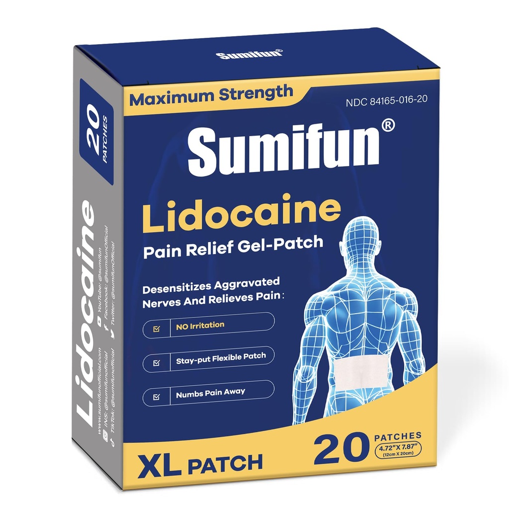 Sumifun XL Lidocaine Patches for Pain Relief, 4% Lidocaine Maximum Strength OTC, Extra Large 4.72"x7.87" for Full Back Pain Patches & Large Areas (Extra Large, Count, 20)
