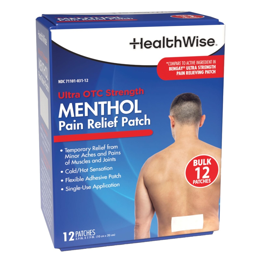 HealthWise Menthol Pain Relief Patch | 5% Menthol | Size 3.9” x 7.9” | 12-Count | Paraben-Free | Soothes Minor Aches and Pains | Focused Relief