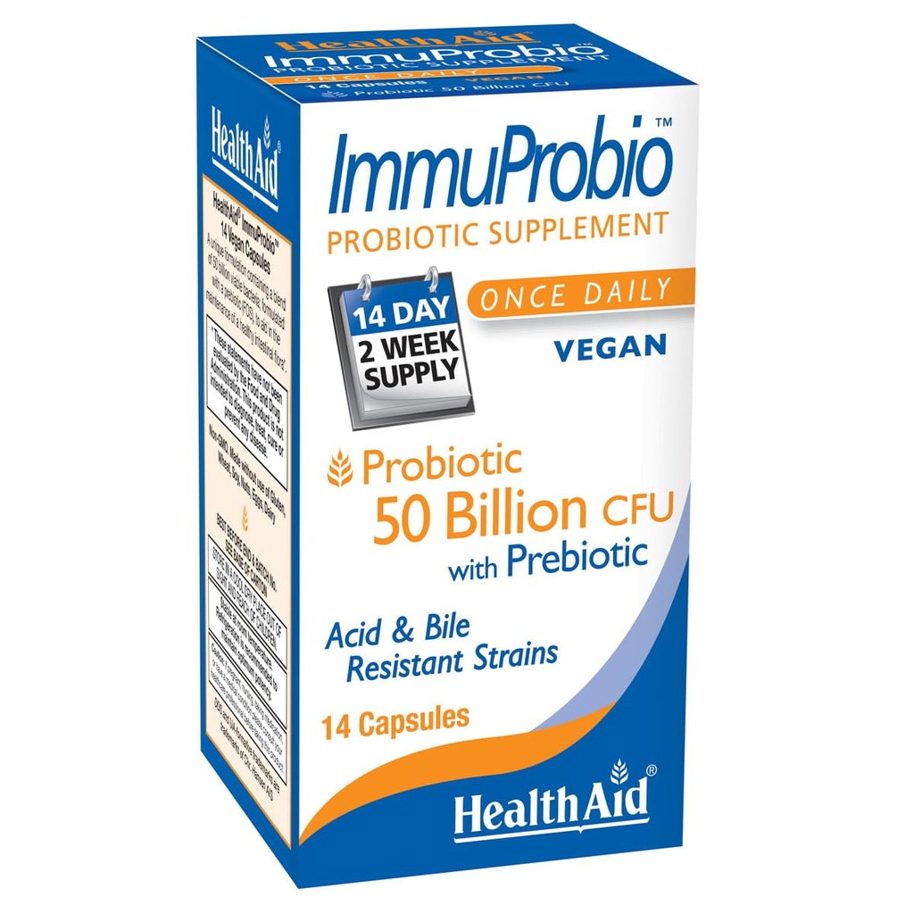 HealthAid ImmuProbio – Once-Daily 50 Billion CFU Probiotic with Prebiotic Fiber (FOS) | 30 Strains Including DDS‑1 | Acid & Bile Resistant, Room‑Temperature Stable, Vegan – 14 Capsules