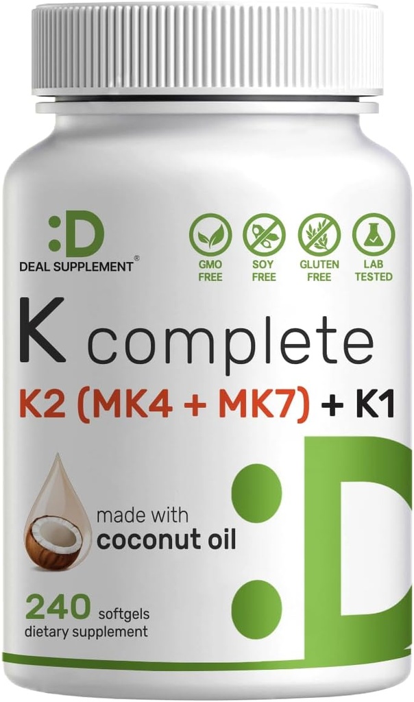 DEL Supplement Vitamin K 完成 - 240 椰油软胶 → 高概率Vitamin K2(MK-7和MK-4) & K1 → Full Spectrum Triple Vitamin K → Bone, 联合,和免疫支持 – 非GMO