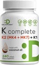 DEAL SUPPLEMENT Vitamin K Complete - 240 Coconut Oil Softgels - High Potency Vitamin K2 (MK-7 and MK-4) &quot; K1- Full Spectrum Triple Vitamin K , Bone, Joint, &quot; Immune Support – Non-GMO