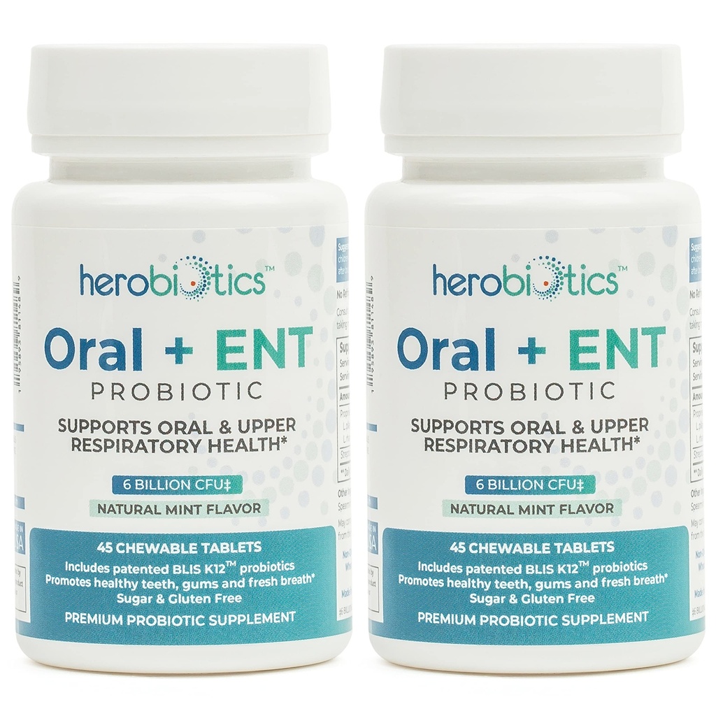 Oral ENT Probiotics with BLIS K12, Lactobacillus Reuteri, Rhamnosus, Plantarum and Paracasei - Chewable Dental Probiotics 2 Pack - for Sinuses, Ears and Throat