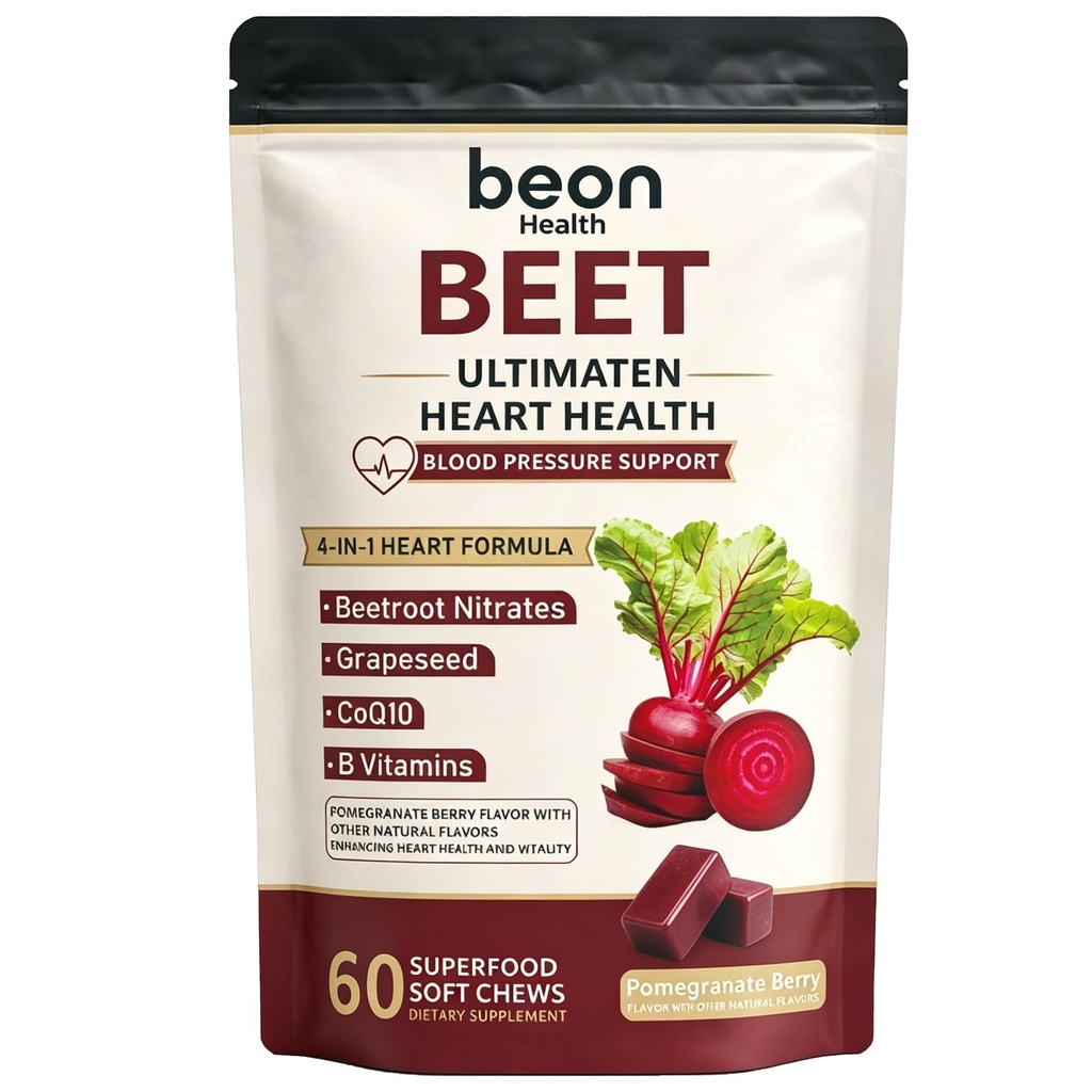Beet Chews, Beetroot Chews with 500mg Beetroot, 100mg CoQ10 & 150mg Grape Seed Extract, Boost Vitality & Natural Energy, 60 Chews