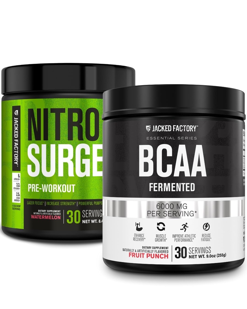Jacked Factory Nitrosurge Pre-Workout in Watermelon & BCAA in Fruit Punch for Muscle Building and Recovery