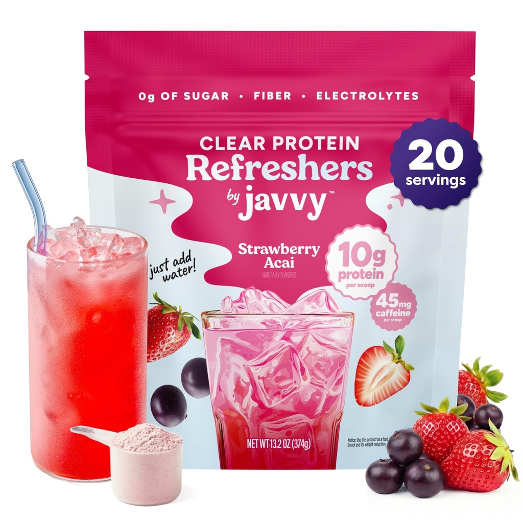 Javvy Clear Protein Refresher Drink Mix – 10g of Whey Protein and Collagen Peptides, Electrolytes Powder, Natural Flavors, 0g of Sugar, 45mg Caffeine, 20 Servings, Strawberry Berry Acai