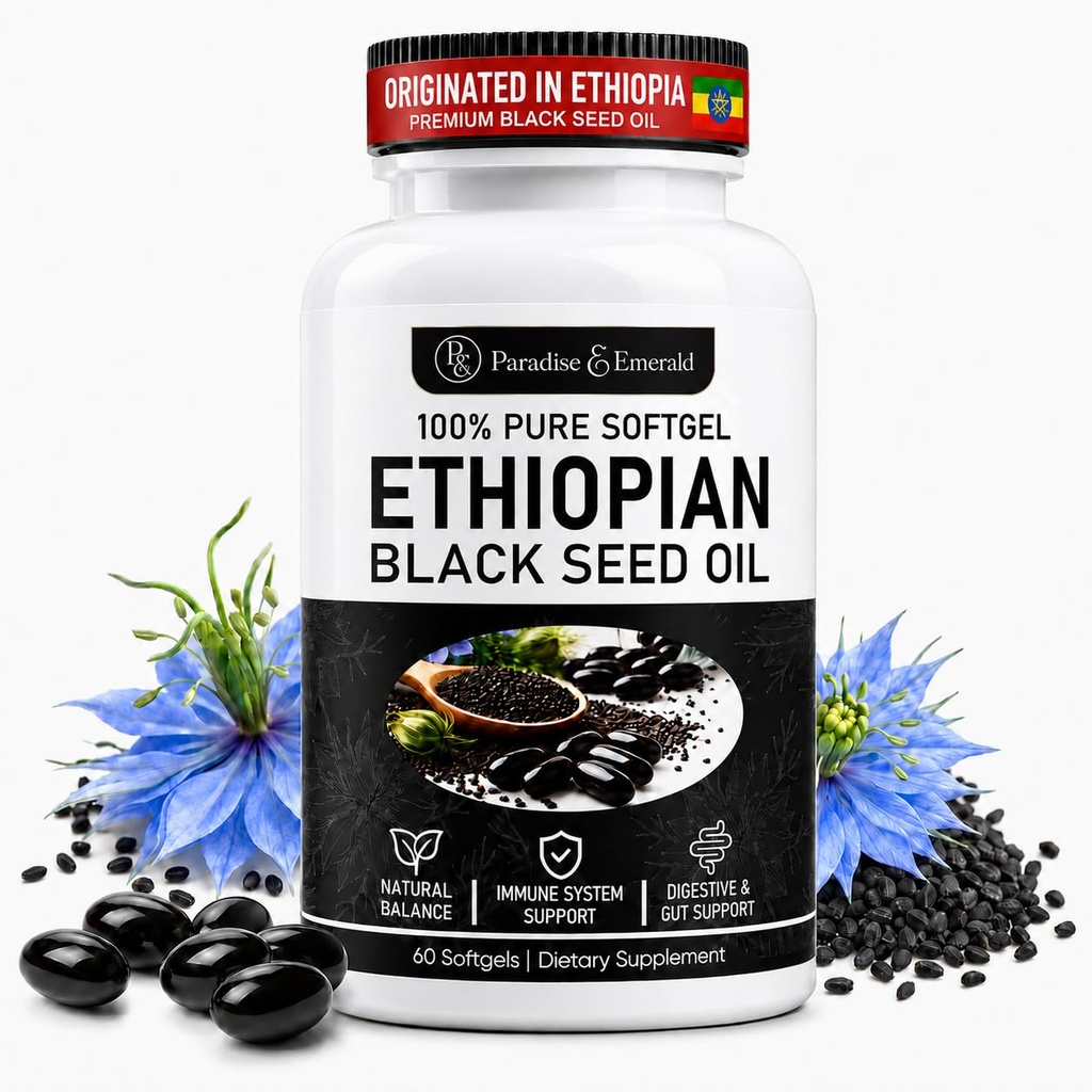 Ethiopian Black Seed Oil Softgels with 4.64% Thymoquinone, Cold-Pressed, Non-GMO, Gluten-Free, Daily Immune and Digestive Support, 60 Count