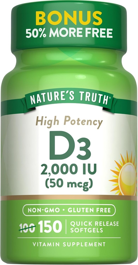 Nature's Truth Vitamin D3 2000 IU Softgels für Erwachsene | 150 Count | Hohe Potenz | Non-GMO und glutenfreie Ergänzung