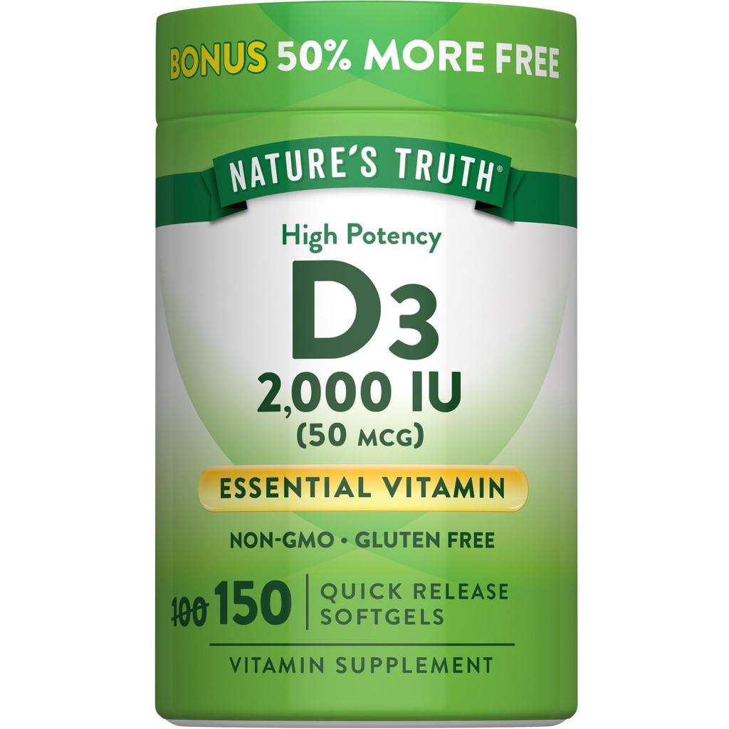 Nature's Truth Vitamin D3 2000 IU Softgels for Adults | 150 Count | High Potency | Non-GMO and Gluten Free Supplement | High Potency | Non-GMO and Gluten Free Supplement