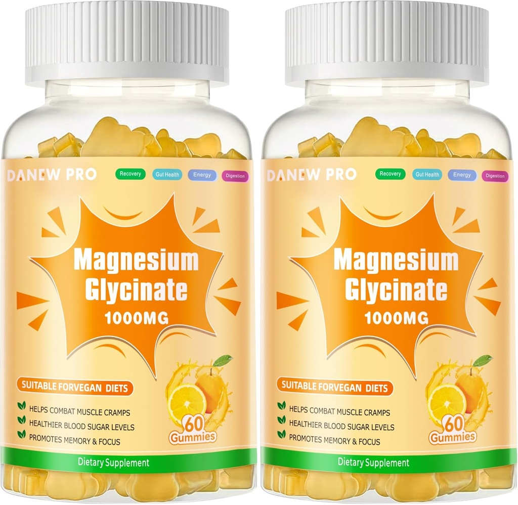 Magnesio Glycinate Gummies 1000mg - Suplemento de Potasio de Magnesio Libre de Azúcar con Vitamina D, B6, CoQ10 para calma Mood &amp; Sleep Support - 120 Orange Gummies