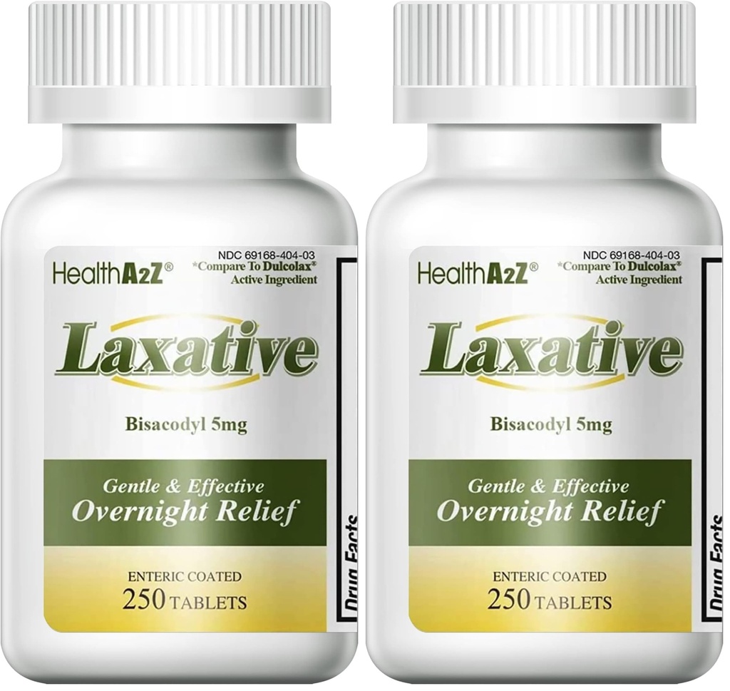 HealthA2Z Laxative Bisacodyl 5mg | 250 Counts | Gentle and Fast Overnight Relief for Constipation (Pack of 2)
