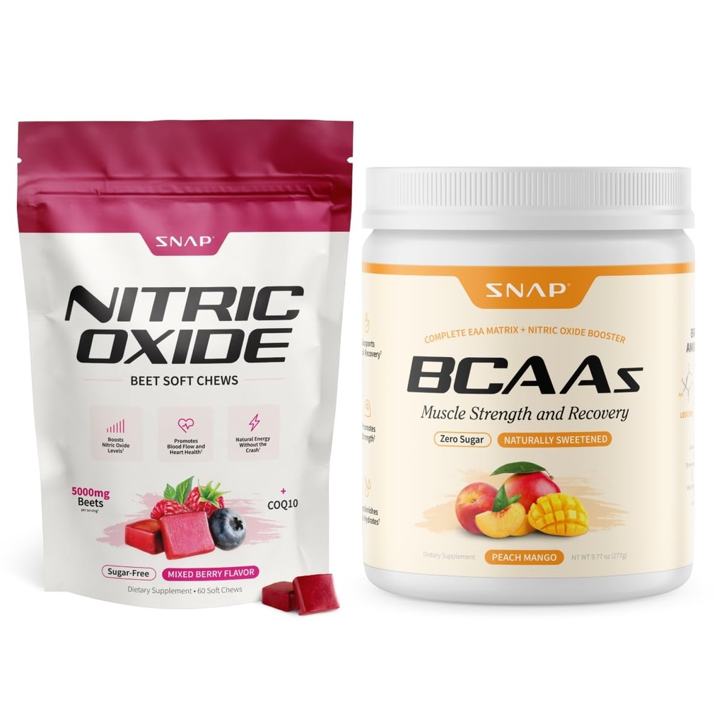 Snap Supplements Nitric Oxide Beet Root Soft Chews + BCAA Powder Bundle, 60 Sugar-Free Soft Chews + 30 Servings Peach Mango Powder