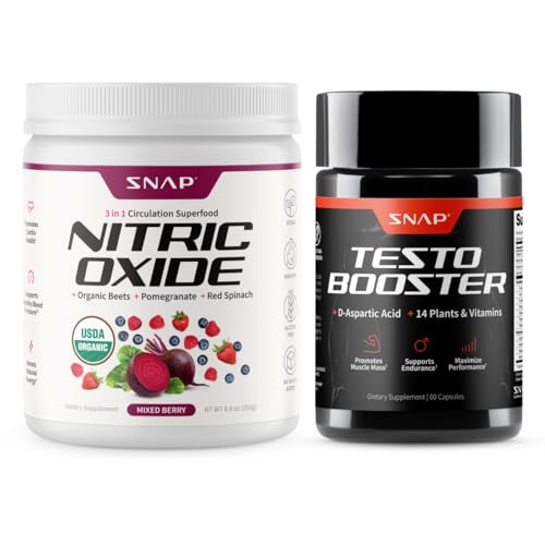 Snap Supplements Organic Beet Root Nitric Oxide Powder + Testo Booster for Men, 30 Servings Mixed Berry + 60 Capsules