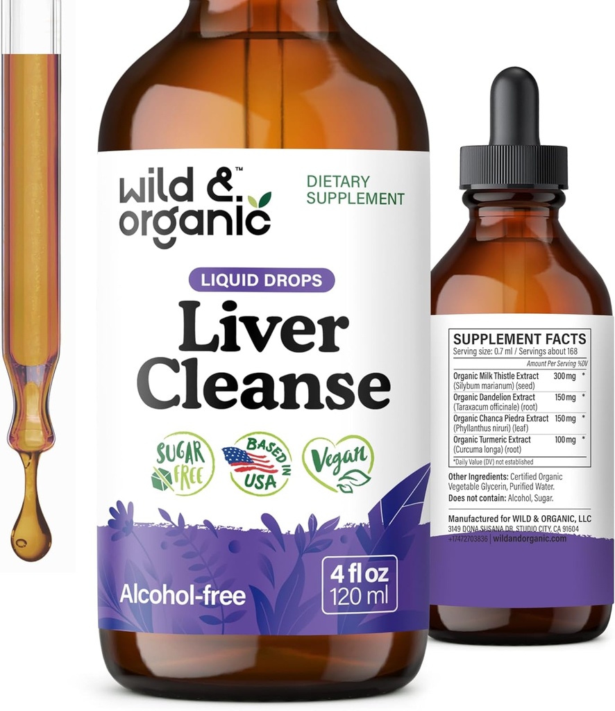 Wild " Organic Liver Cleanse Detox Tincture - Milk Thistle, Dandelion Root Herbal Complex - Liquid Liver Support supplement - Vegan, Sugar " Alcohol-Free Milk Thistle drops - 4 fl oz